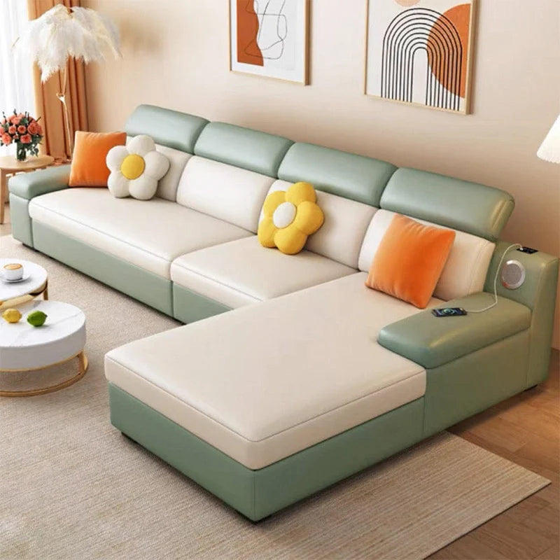 green L shape sofa bed with charging panel and compact sofa bed layout for modern homes
