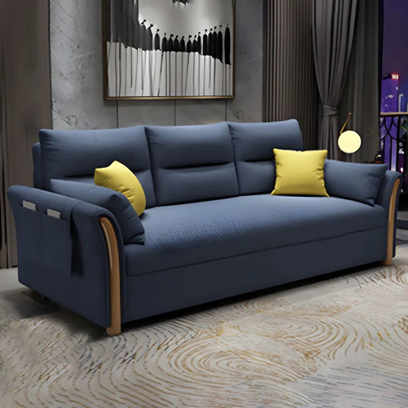 Pull-out sofa bed with wooden arm panels, sofa cam bed comfort, sofa cum bed function, side pocket storage, medium-firm cushioning, and compact straight design