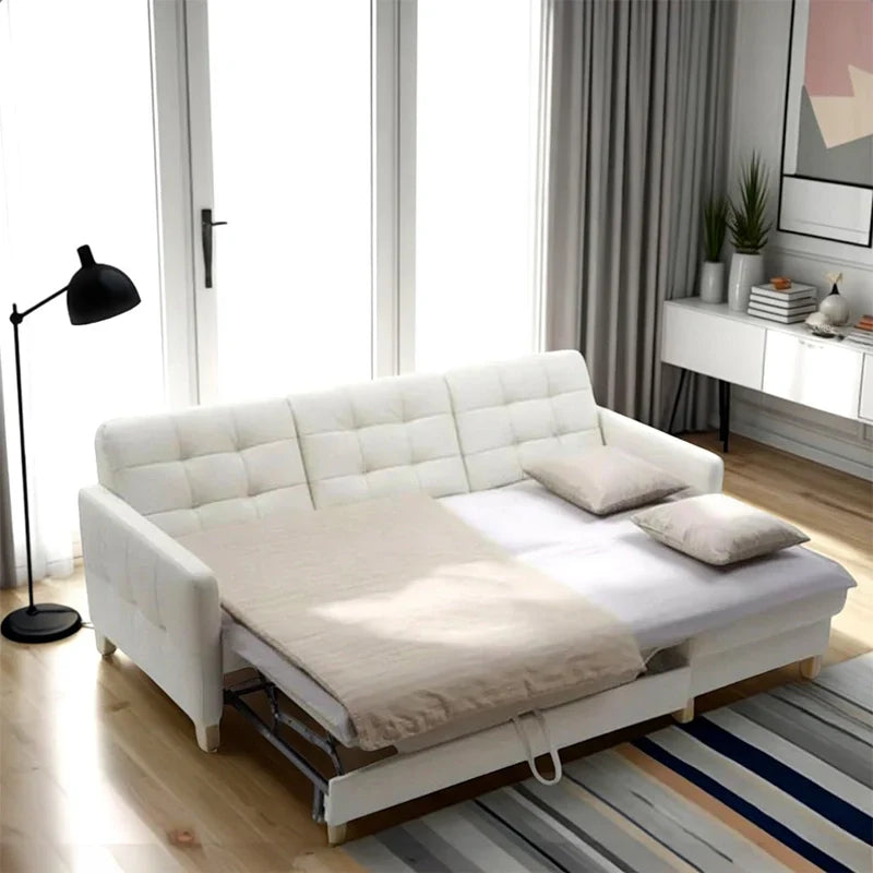 L shape sofa bed with chaise storage, pull-out sleeper platform, square tufted upholstery, wide block arms, and compact sofa bed design