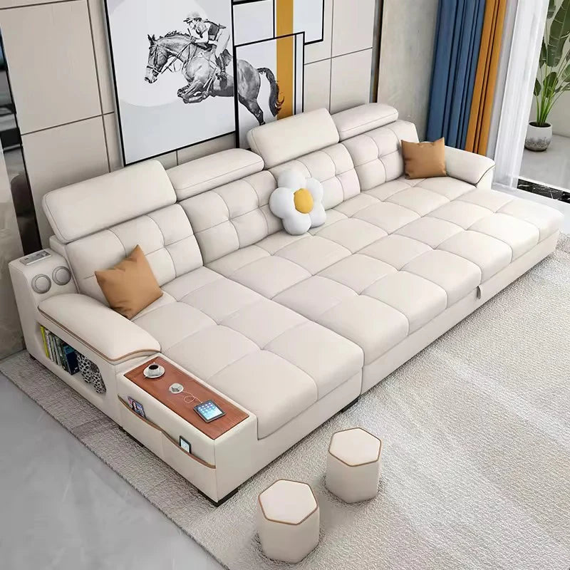 Pull-out L shape sofa bed with extended chaise, storage drawer, sofa cum bed utility, couch bed comfort, wooden panel accents, and modern sofa bed design